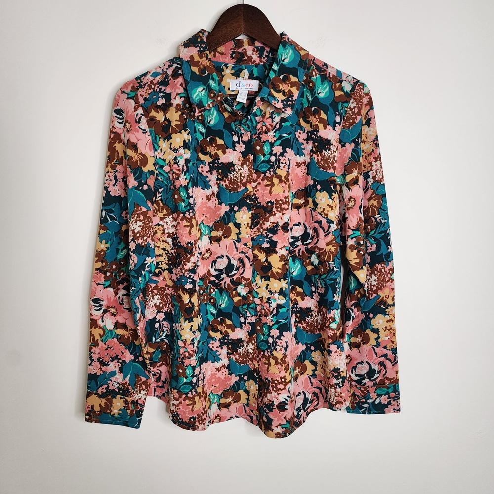 Denim & Co. Floral Long Sleeve Button Down Shirt Small Casual Careerwear